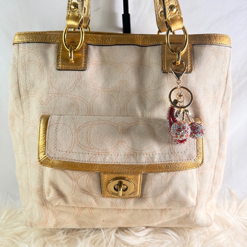 Coach Signature Canvas Metallic 19256 | Turnlock Pocket & Cherry Charm